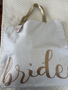 NWT Jade & Deer Off White Gold Glitter Bride Mrs. Reversible Canvas Tote Bag